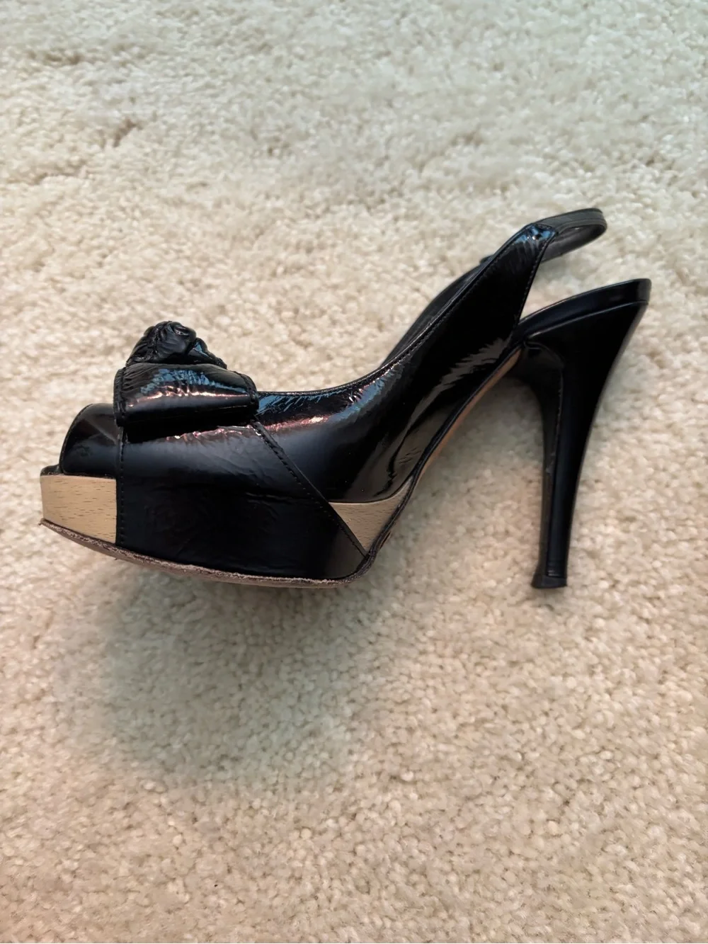 Stuart Weitzman Black Peep-Toe Slingback Heels with Bow Accent